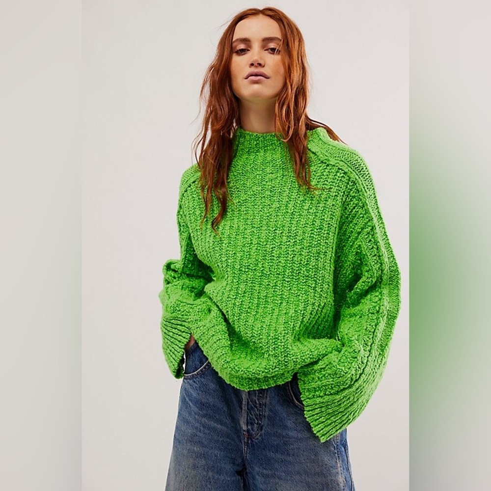 NWOT Free People Mock Neck Chunky Relaxed Knit Sweater Lime Green Size XS